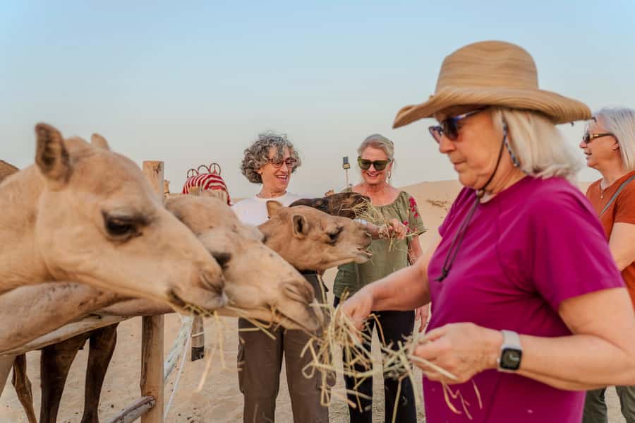 Dubai: Evening Camel Trekking & Dinner at Al Marmoom Oasis - The Bedouin village welcome: coffee, goat-hair details, and Emirati sweets